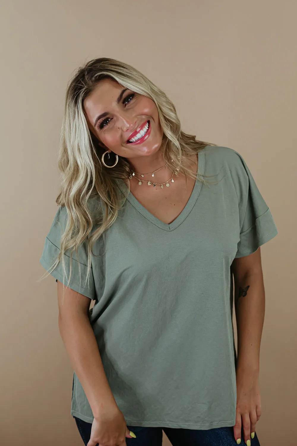 All Basic V Neck Tee, Sage