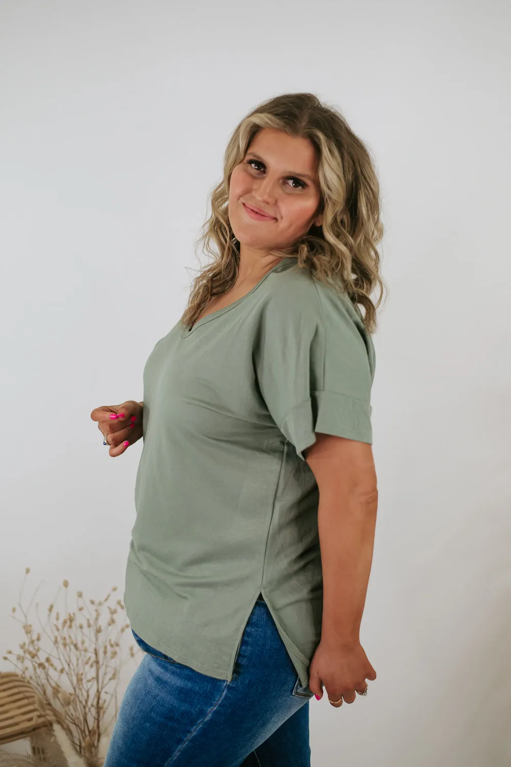 All Basic V Neck Tee, Sage