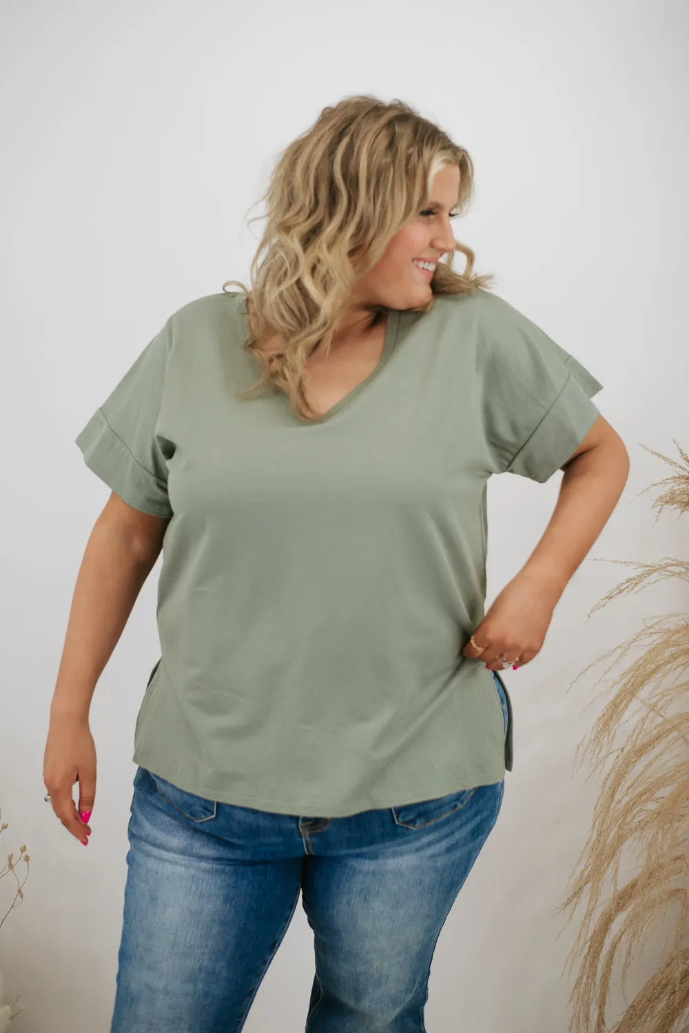 All Basic V Neck Tee, Sage