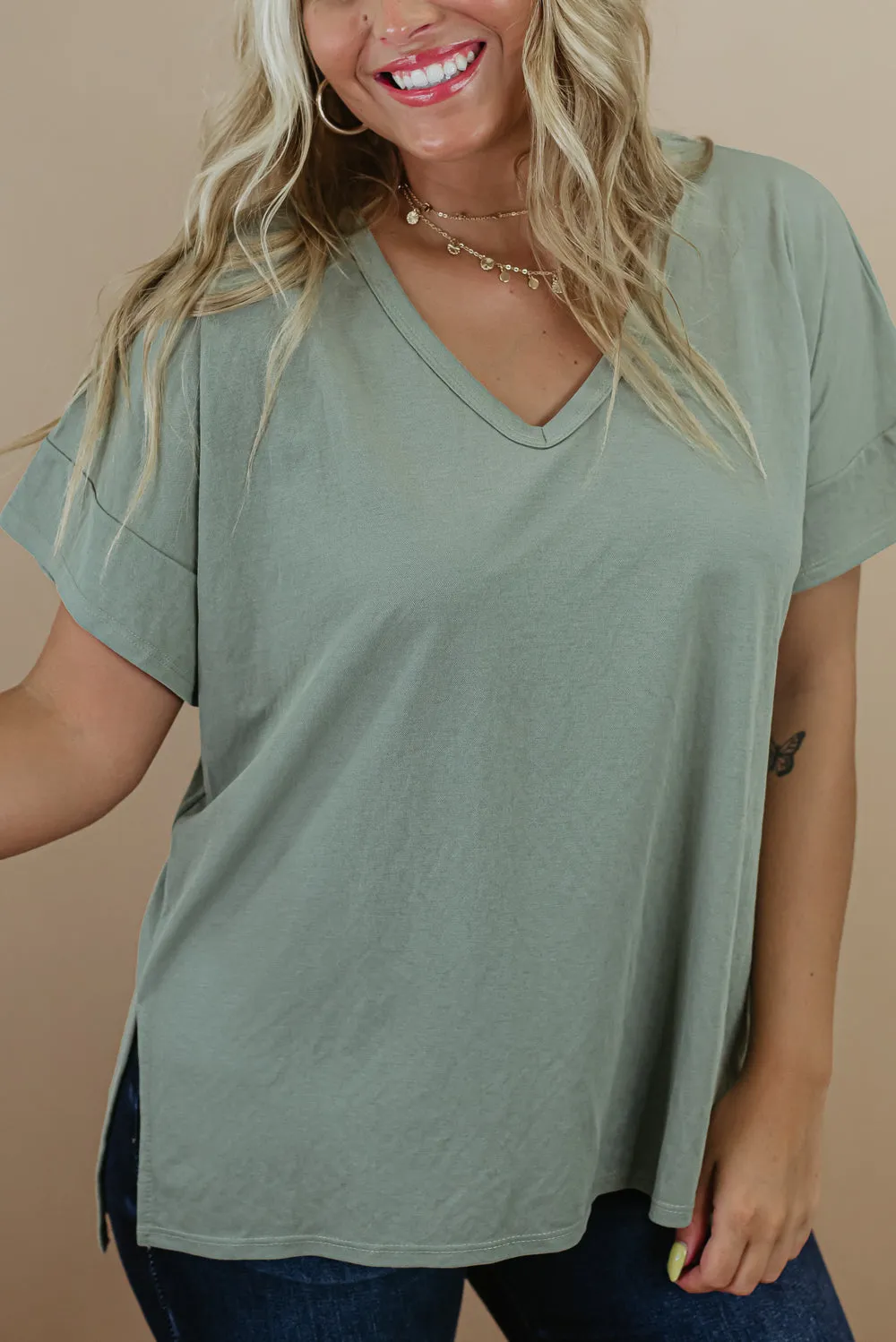 All Basic V Neck Tee, Sage