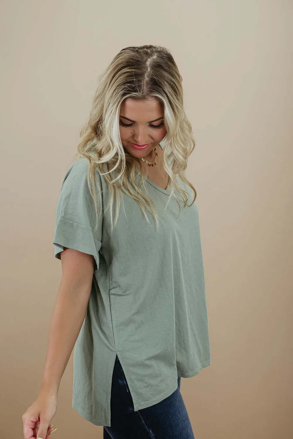 All Basic V Neck Tee, Sage