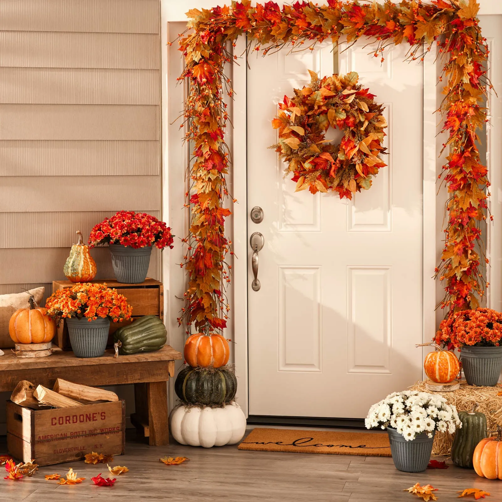 Autumn's Splendor - Mixed Maple Leaf, Eucalyptus, & Wheat Grass Fall Front Door Wreath