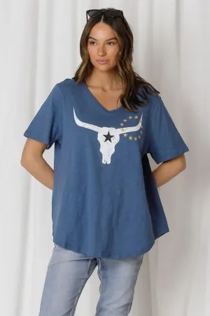 Avalon Steer V-Neck Tee | Steel Blue