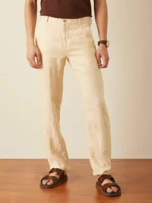 Beige Plain Linen Trousers