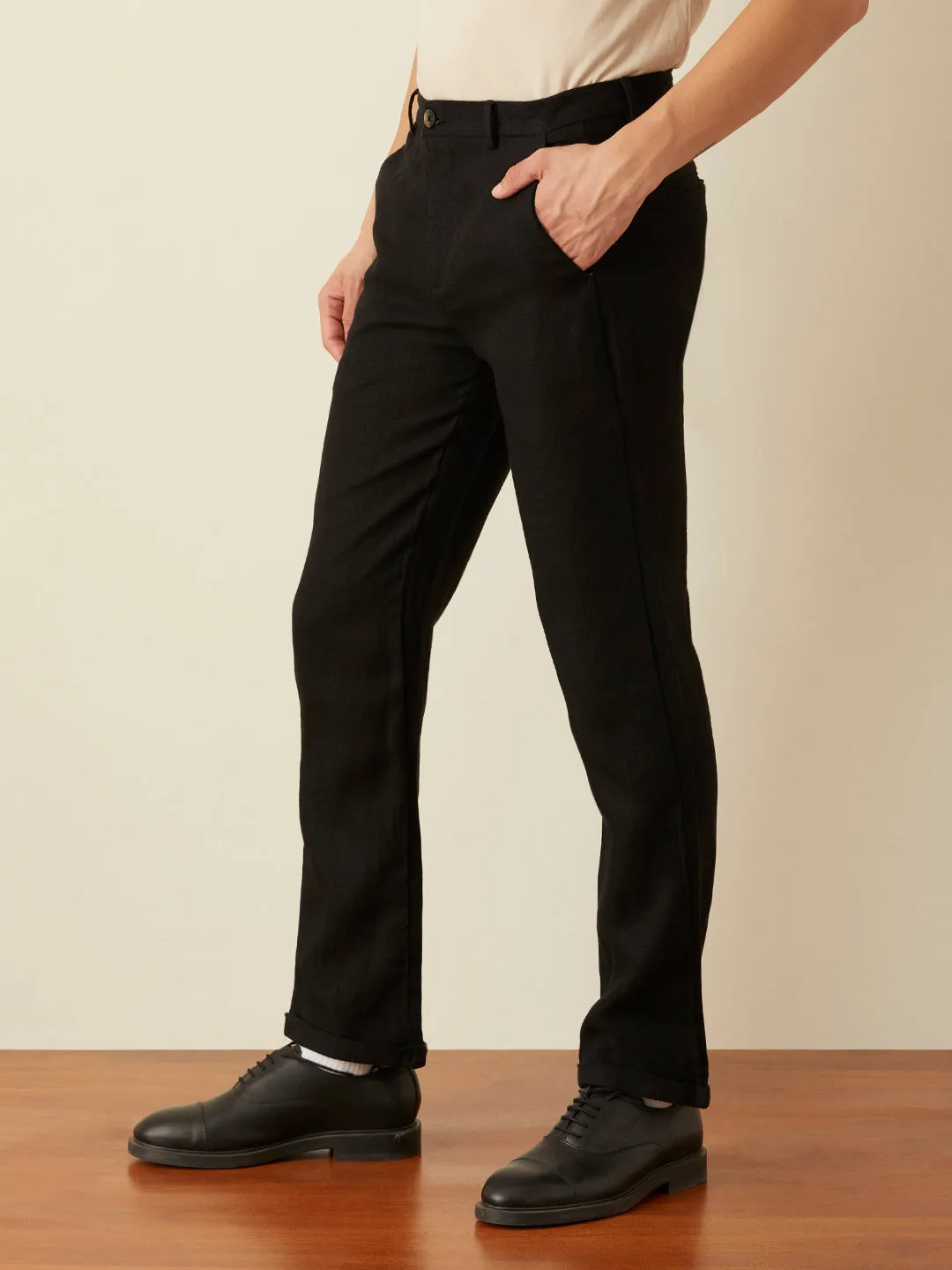 Black Plain Linen Trousers