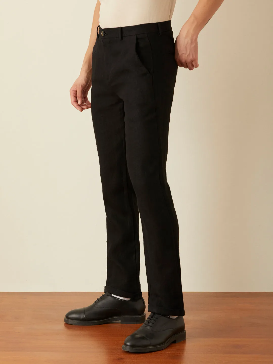 Black Plain Linen Trousers