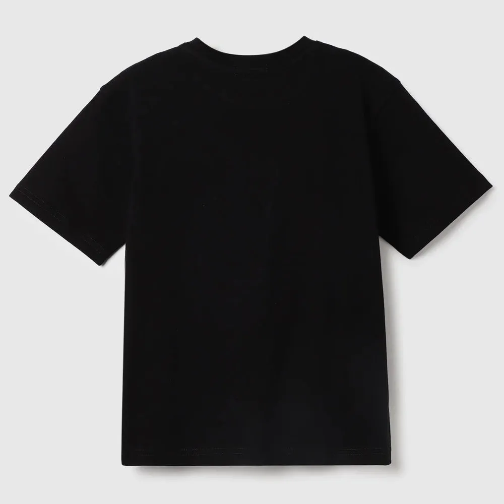 Black Relaxed Fit Crew Neck Printed T-Shirt