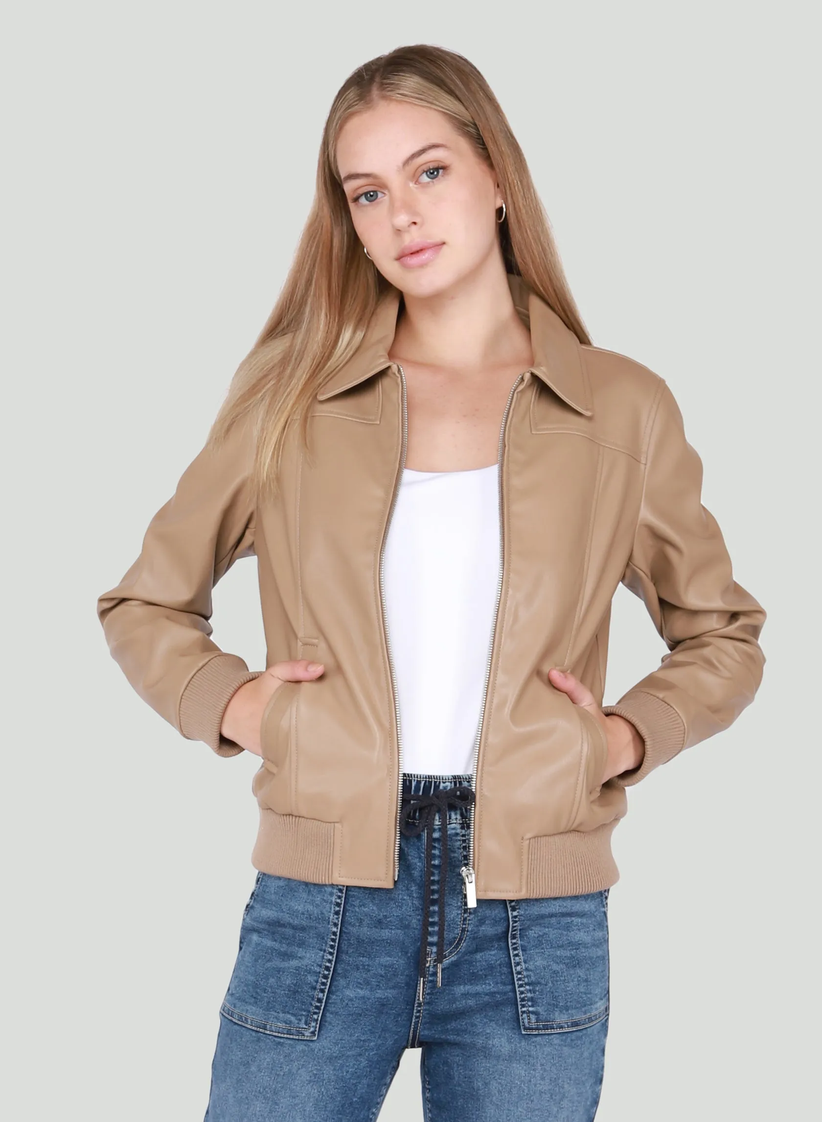 Black Tape Light Camel Faux Leather Bomber Jacket