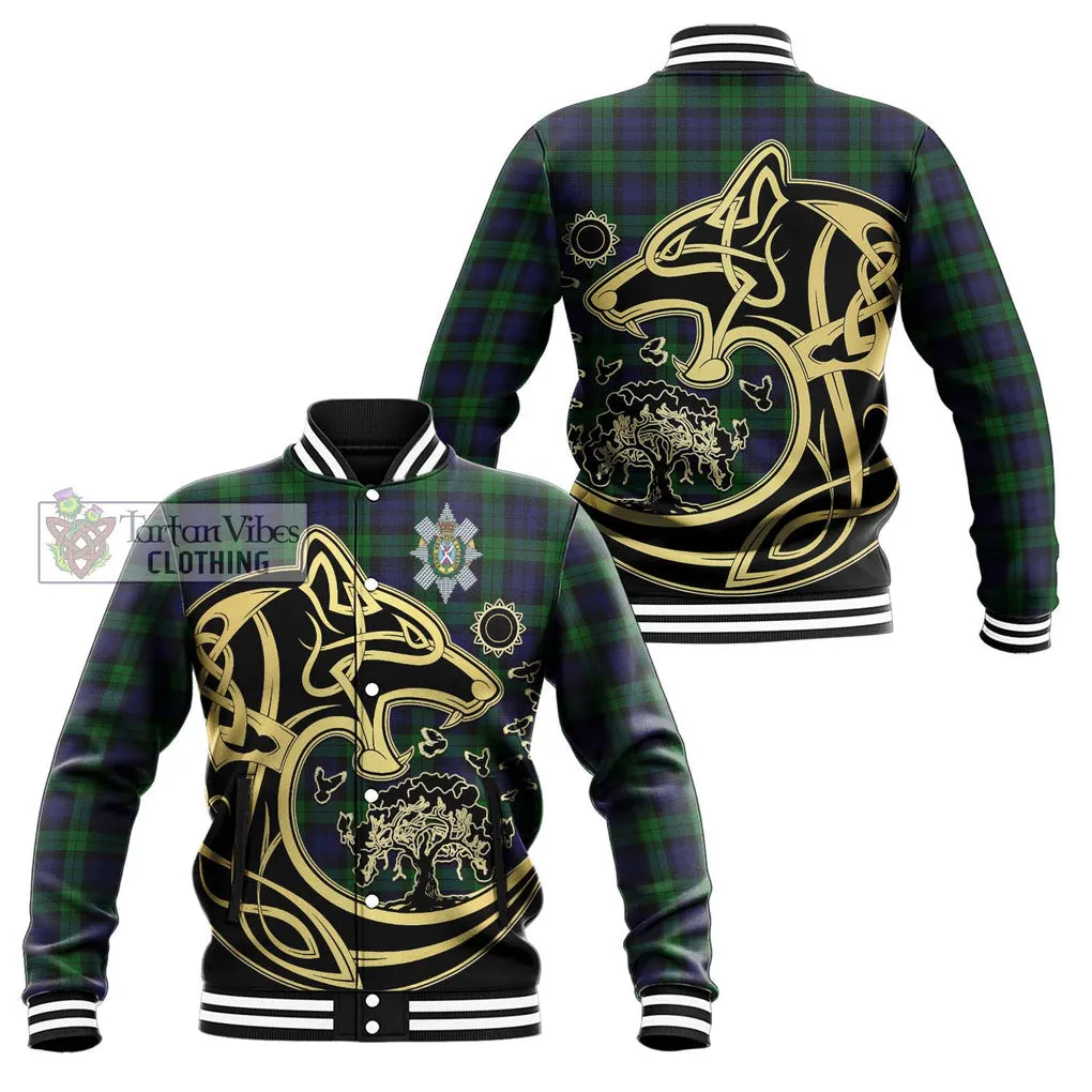 Black Watch Tartan Baseball Jacket with Family Crest Celtic Wolf Style