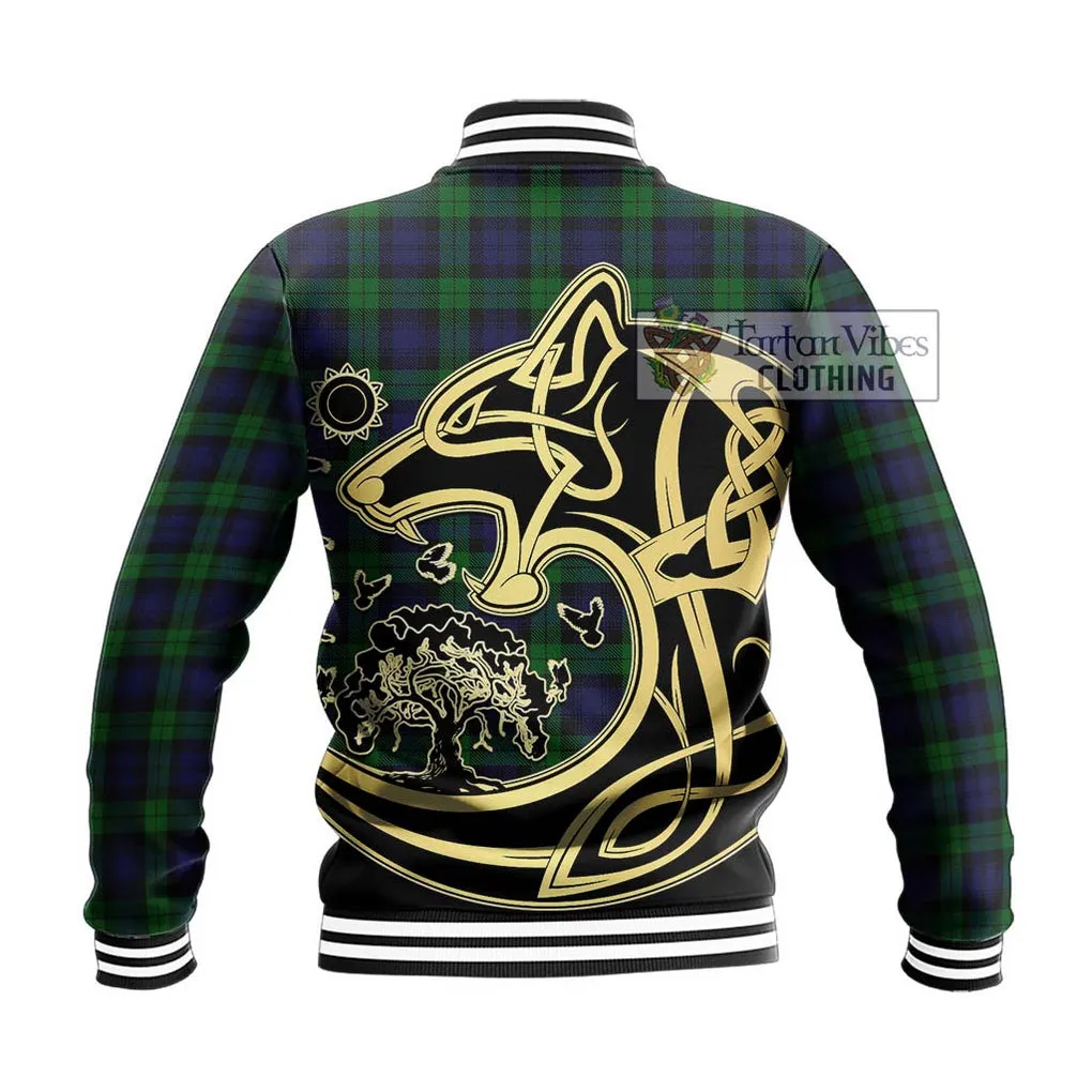 Black Watch Tartan Baseball Jacket with Family Crest Celtic Wolf Style