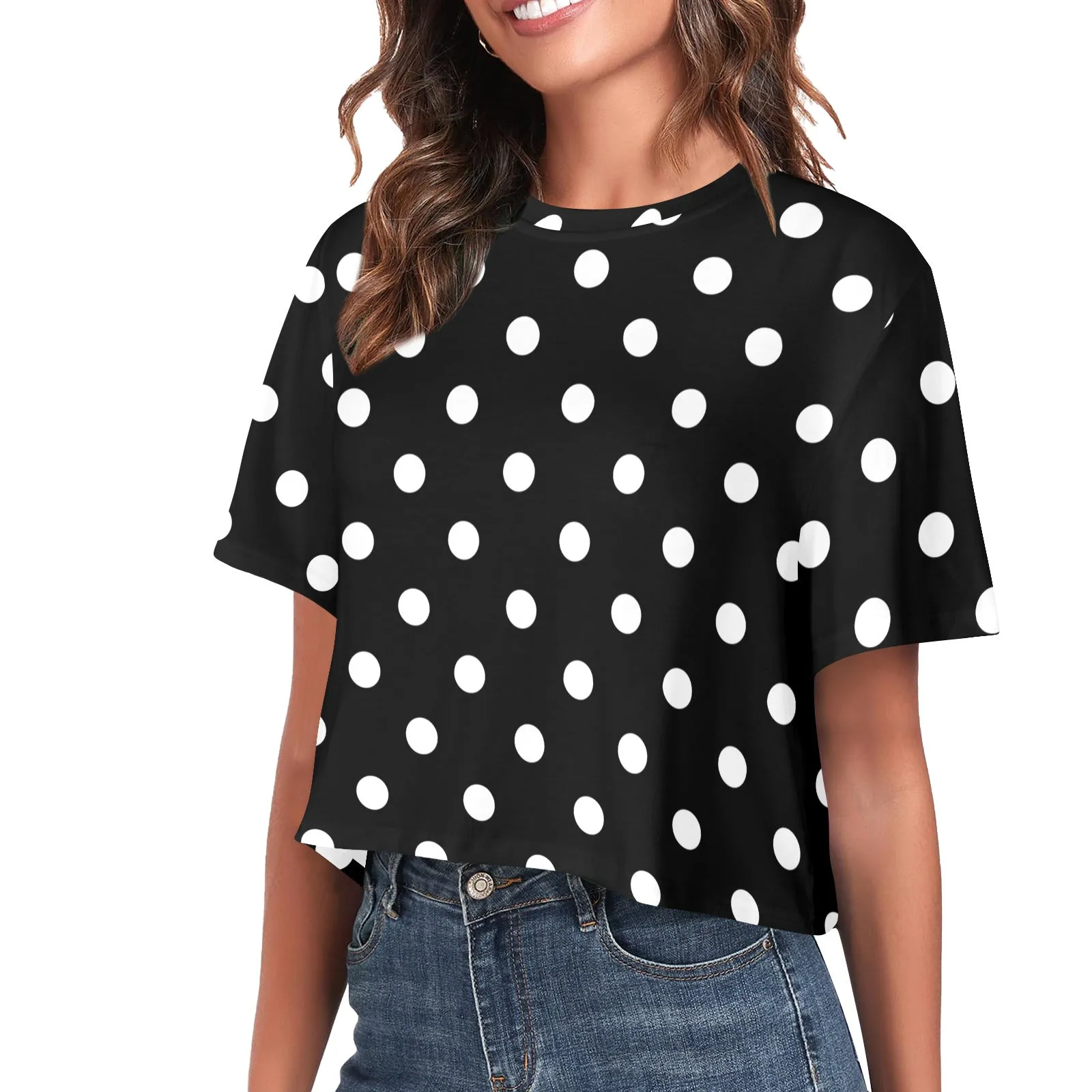 Black With White Polka Dots Women's Cropped T-shirt