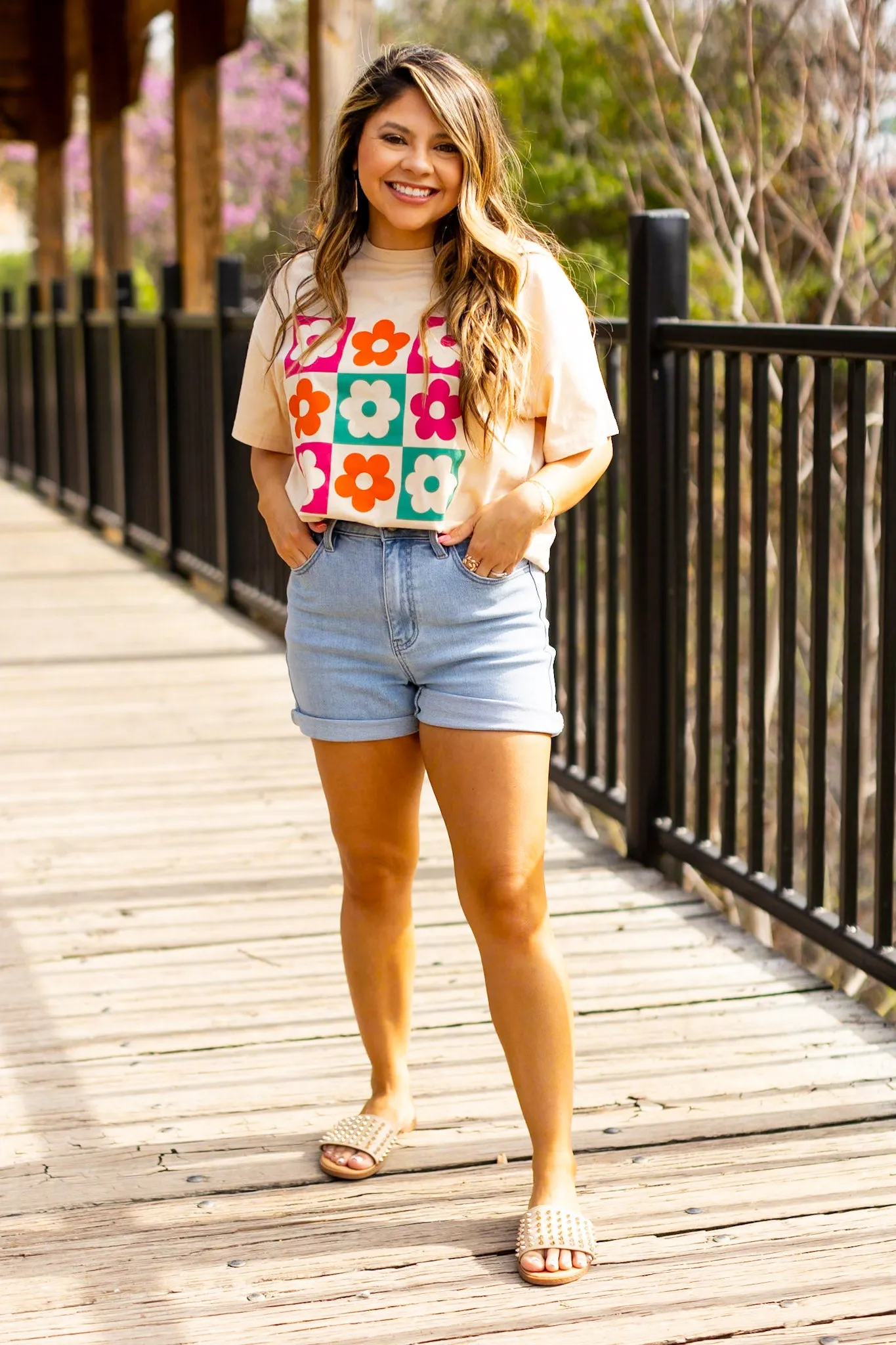 Cherecked Floral Oversized Tee, Beige