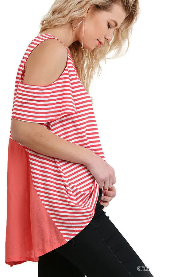 Cold Shoulder Striped Top, Coral