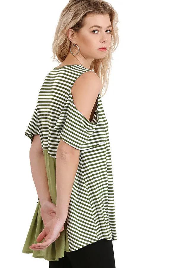 Cold Shoulder Striped Top, Olive