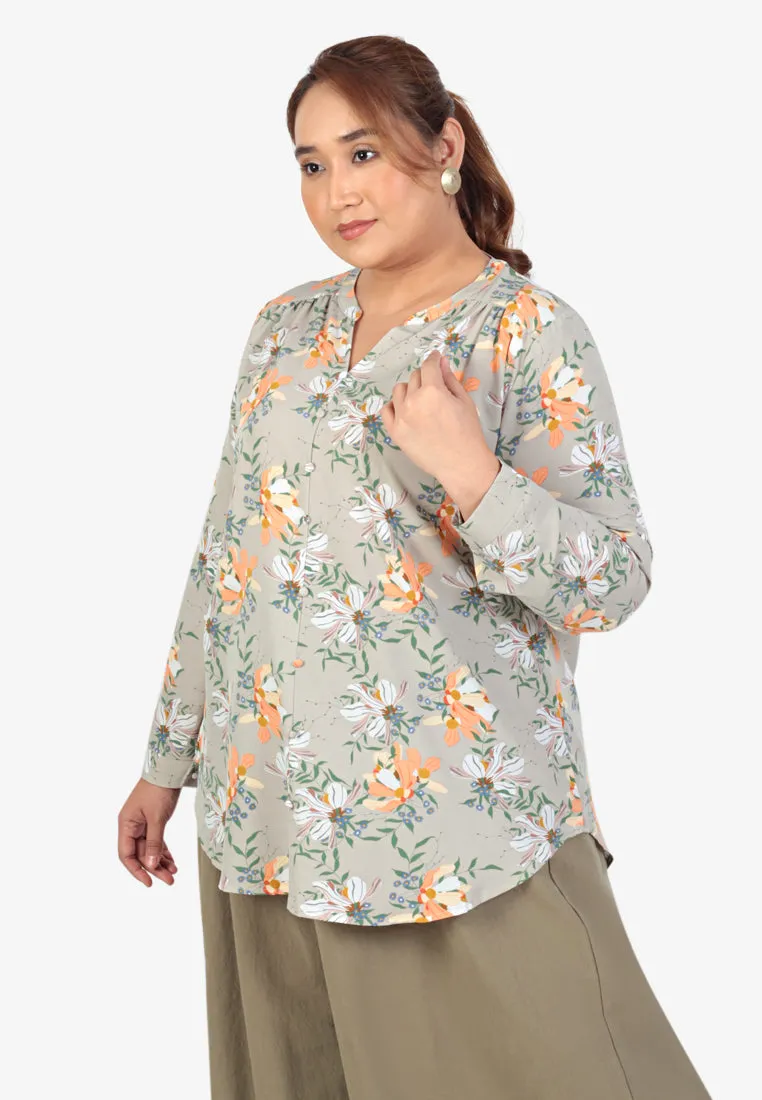 Fedella Faux Buttons Prints Blouse - Smoke Green