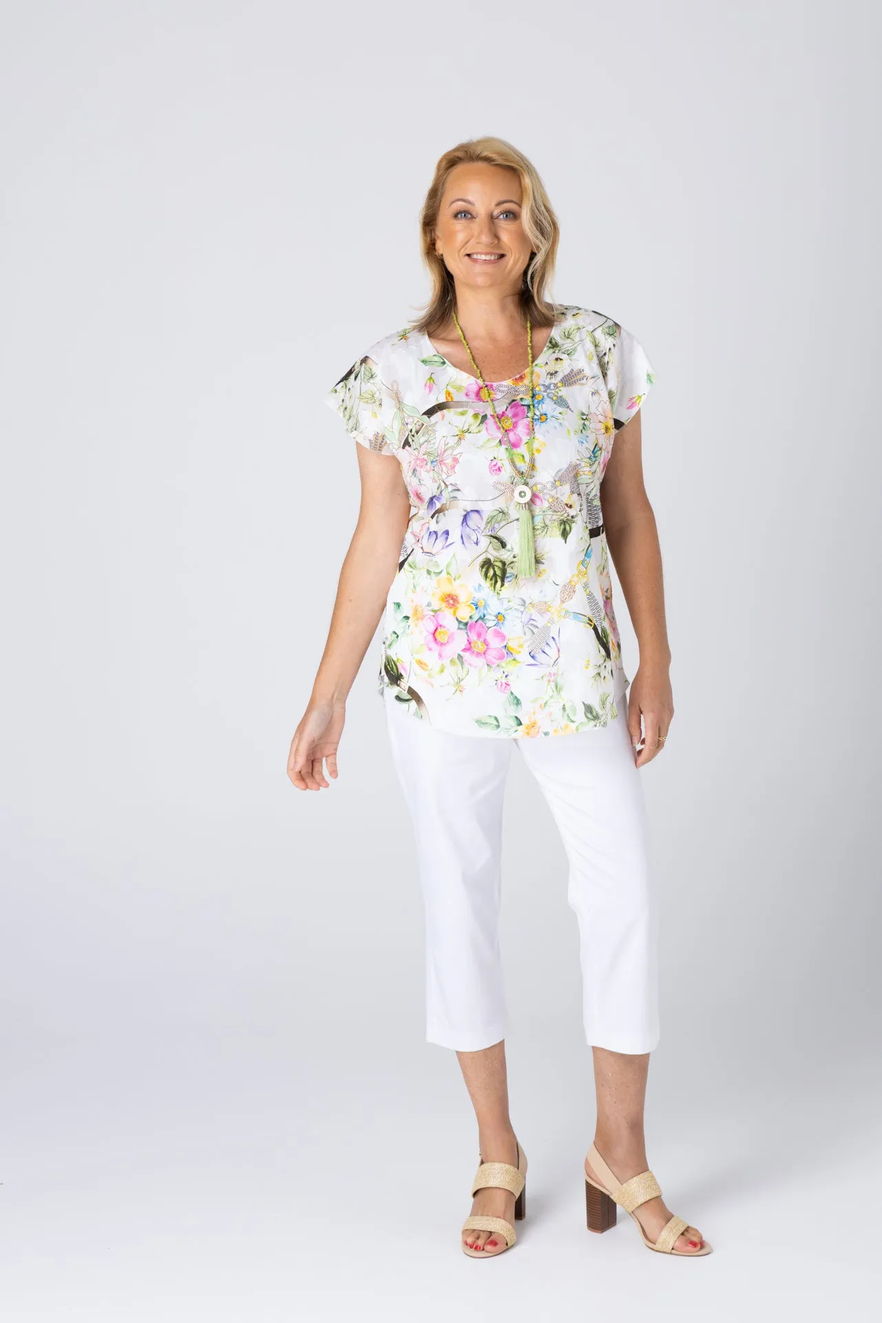 Honeysuckle Print Short Sleeve Non-Crush Jacquard Cotton Top