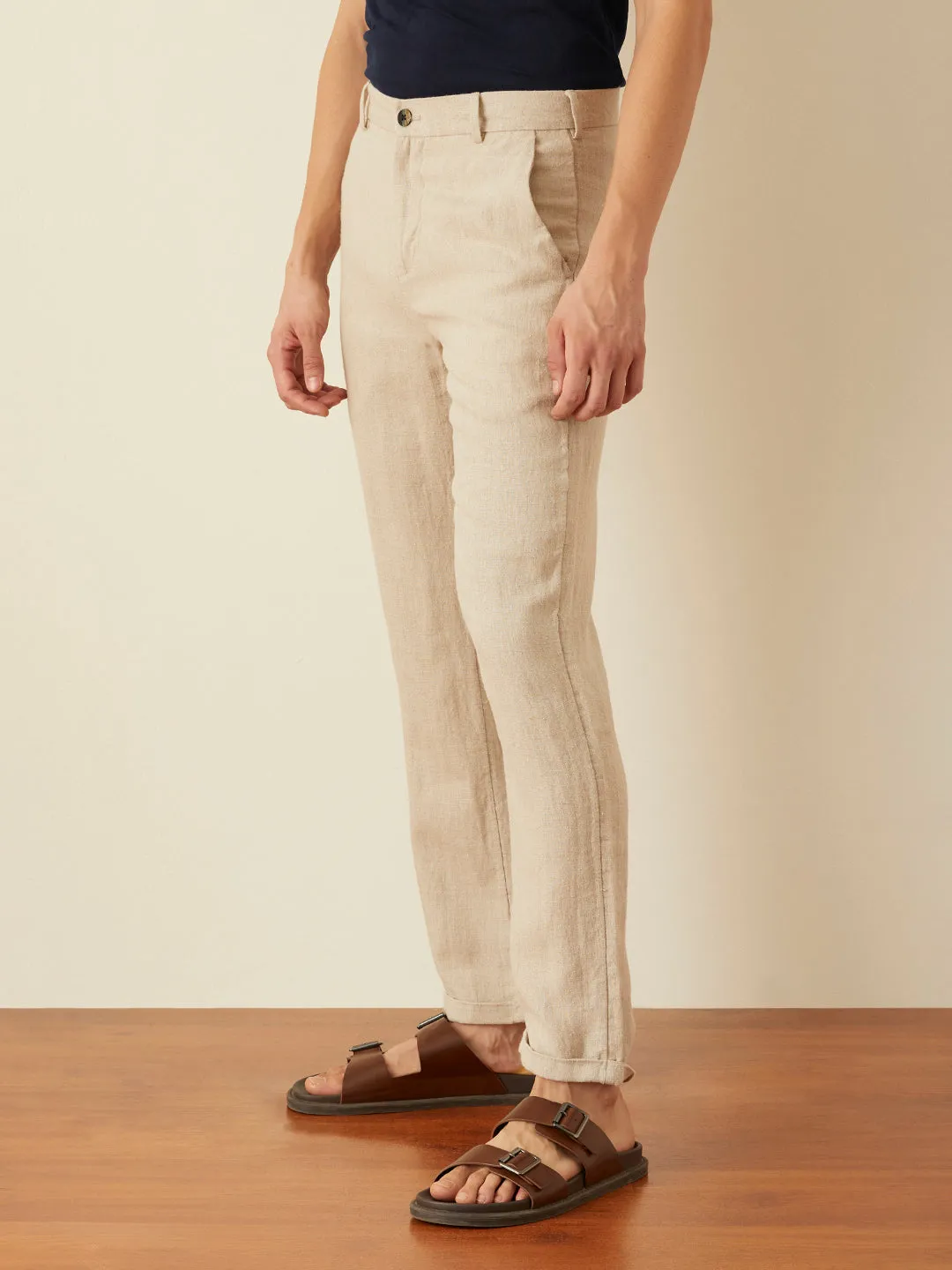 Khaki Plain Linen Trousers