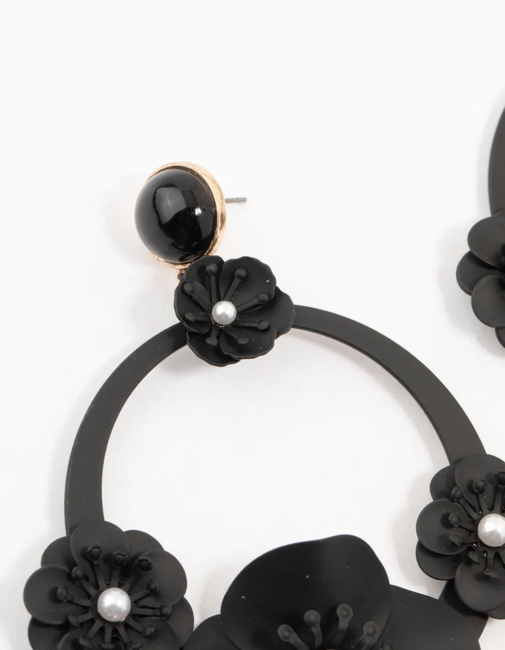 Large Black Coated Floral Circle Drop Earrings