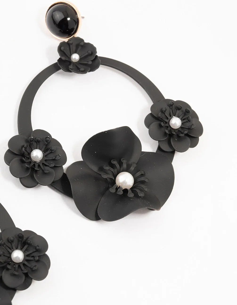 Large Black Coated Floral Circle Drop Earrings