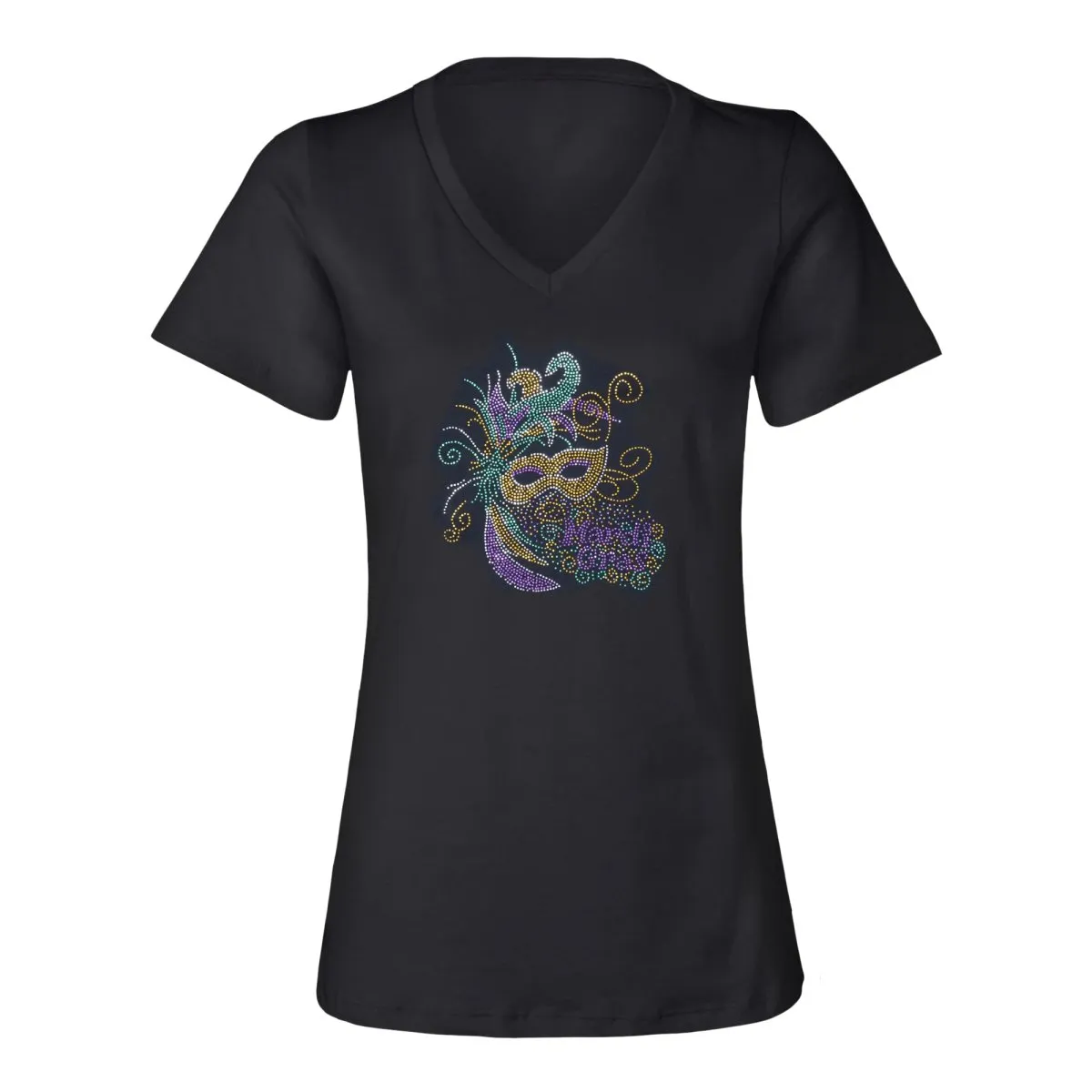 Mardi Gras Mask Rhinestone V-Neck Tee-Shirt