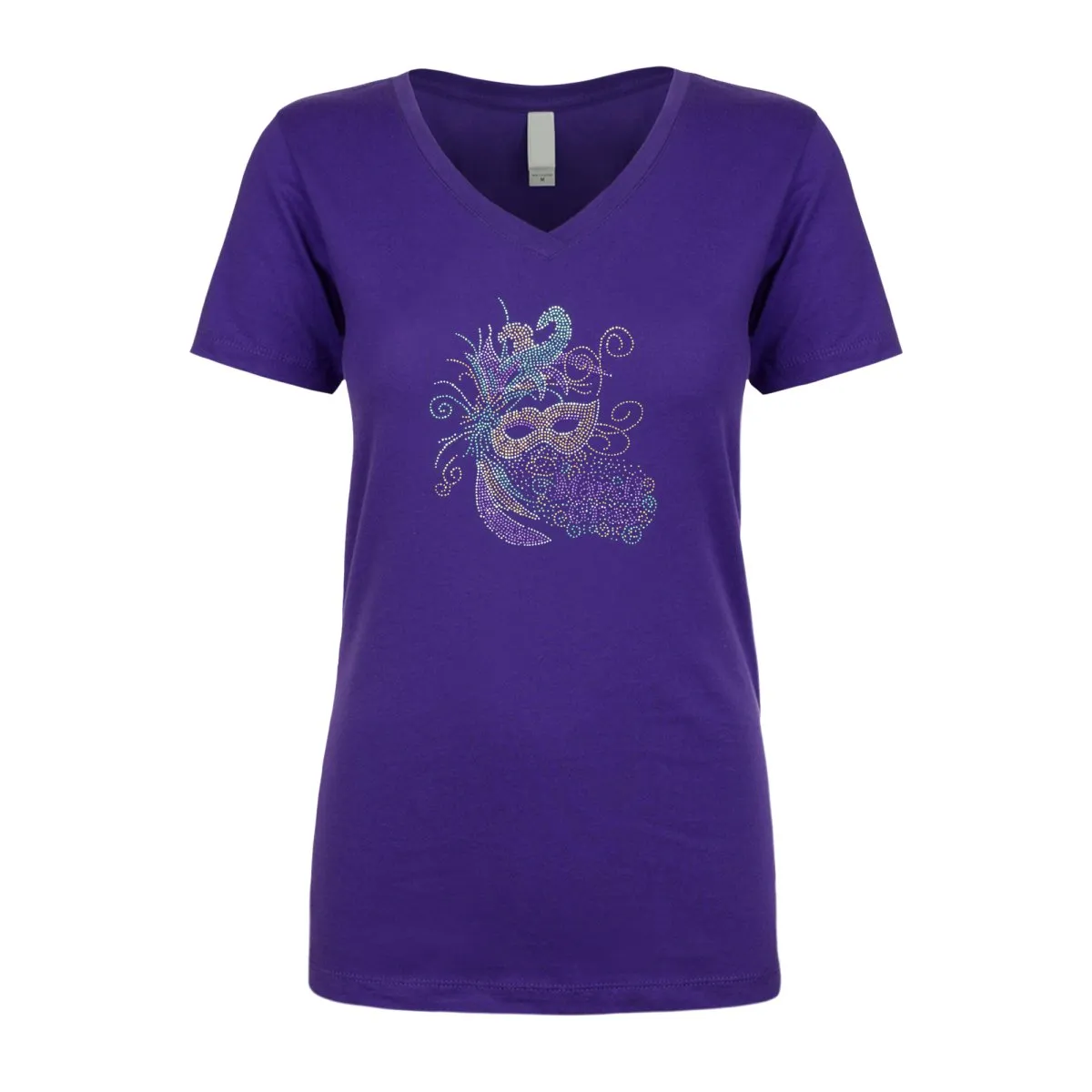 Mardi Gras Mask Rhinestone V-Neck Tee-Shirt