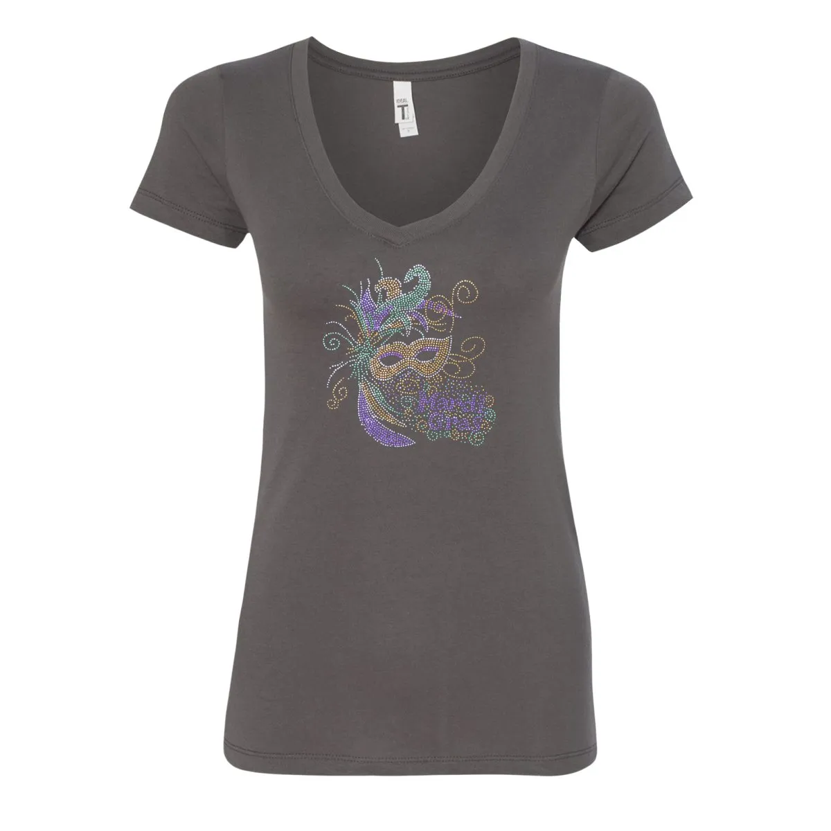 Mardi Gras Mask Rhinestone V-Neck Tee-Shirt