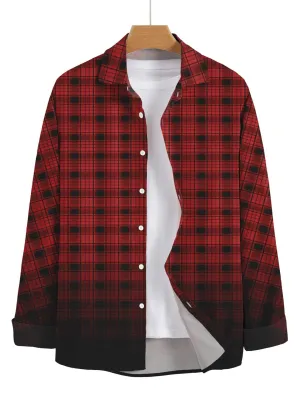 Men Red Plaid Curved Hem Shirt Tee