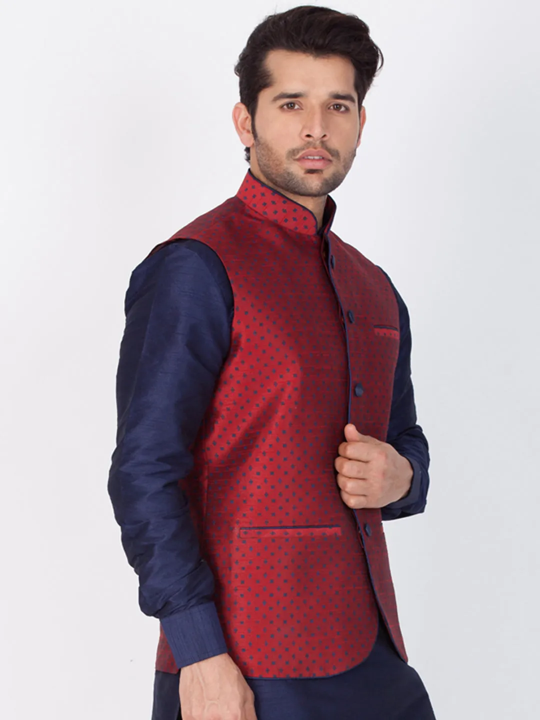 Men's Maroon Cotton Silk Blend Ethnic Jacket