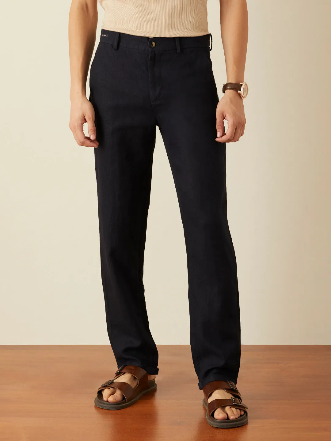 Navy Plain Linen Trousers