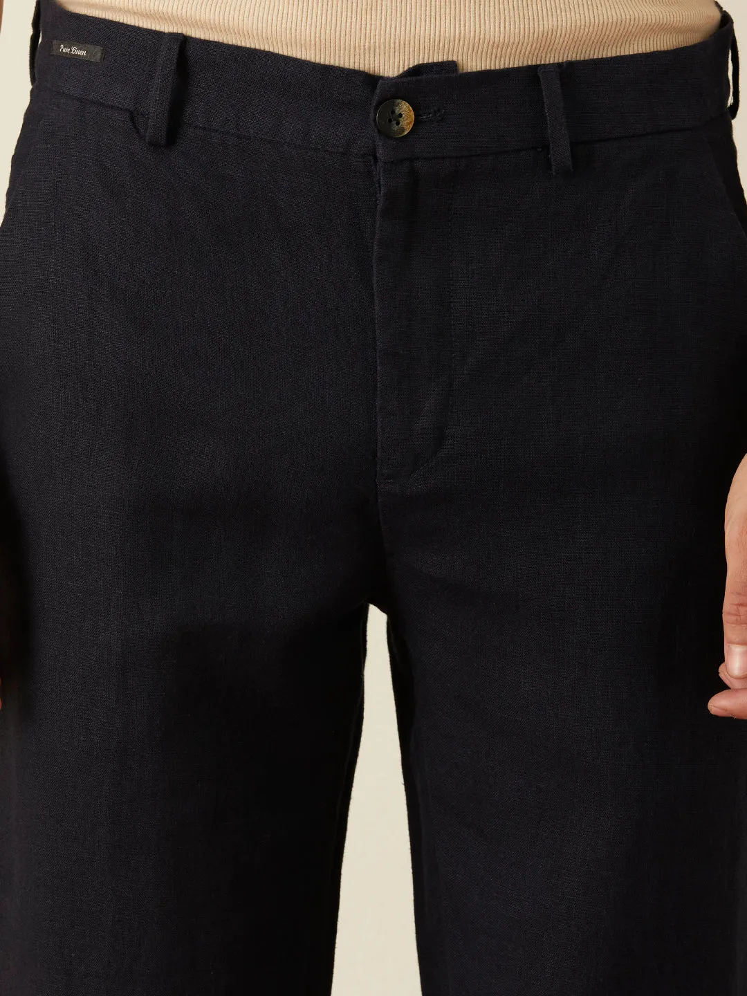 Navy Plain Linen Trousers