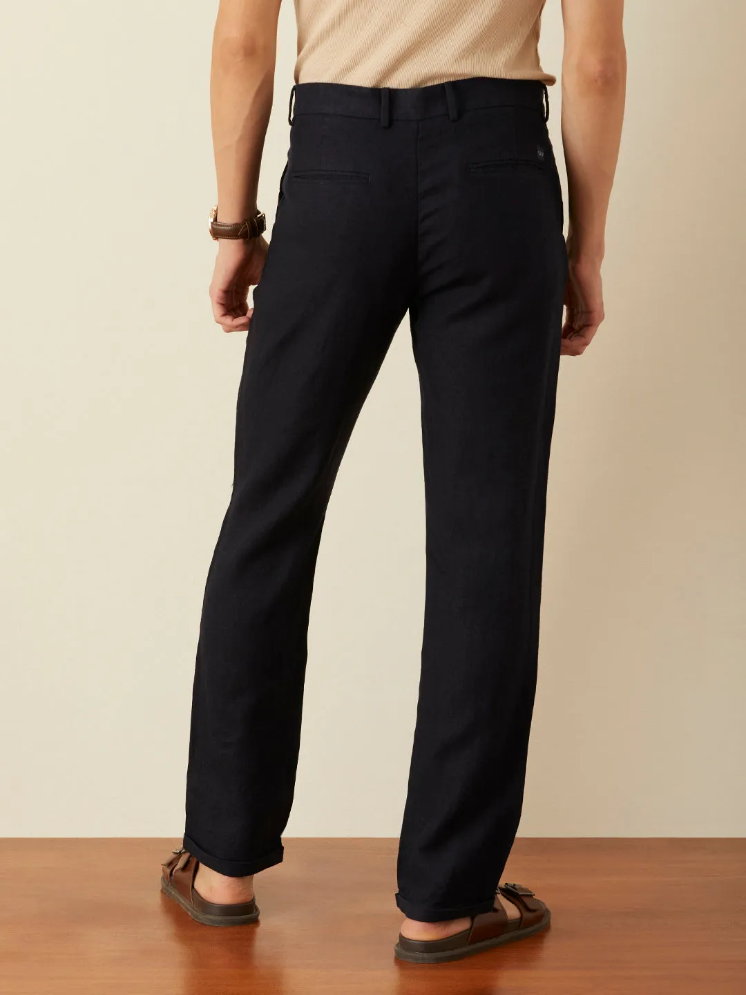 Navy Plain Linen Trousers