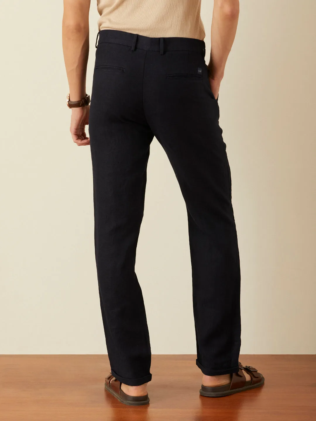 Navy Plain Linen Trousers