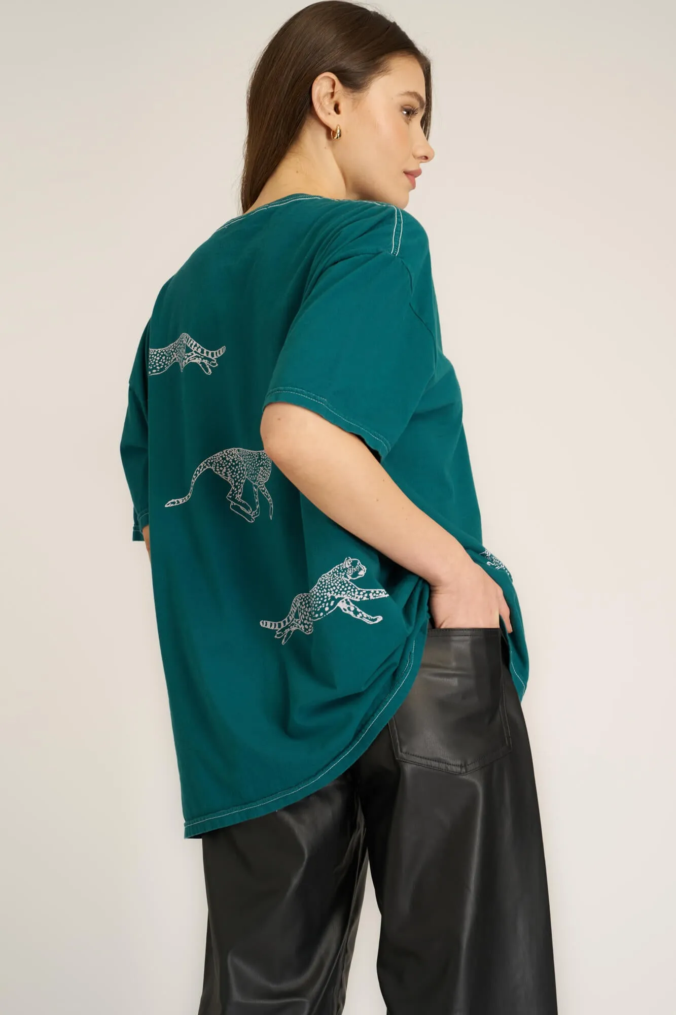 Pink Cheetahs Oversized Tee - Pacific Teal