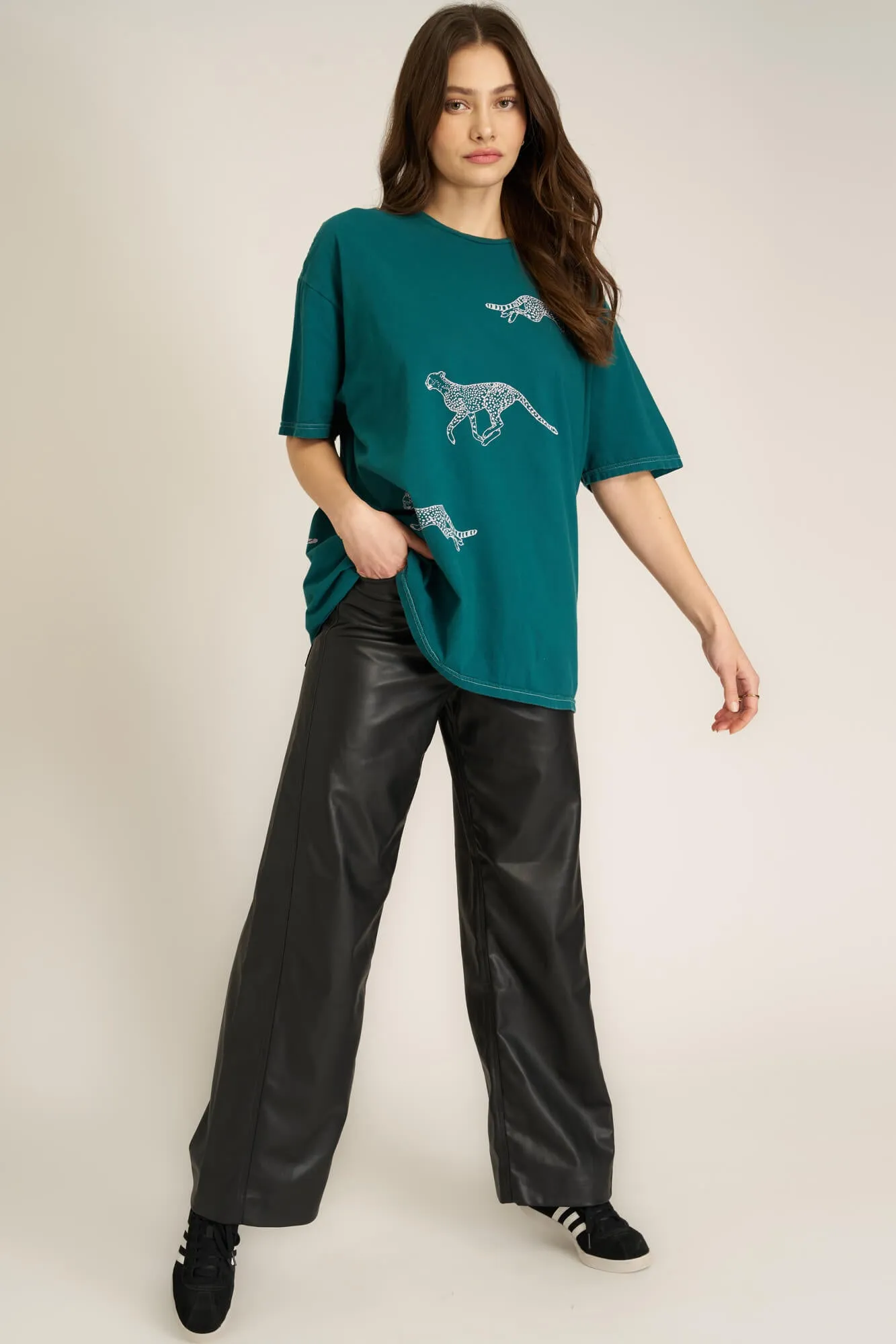 Pink Cheetahs Oversized Tee - Pacific Teal