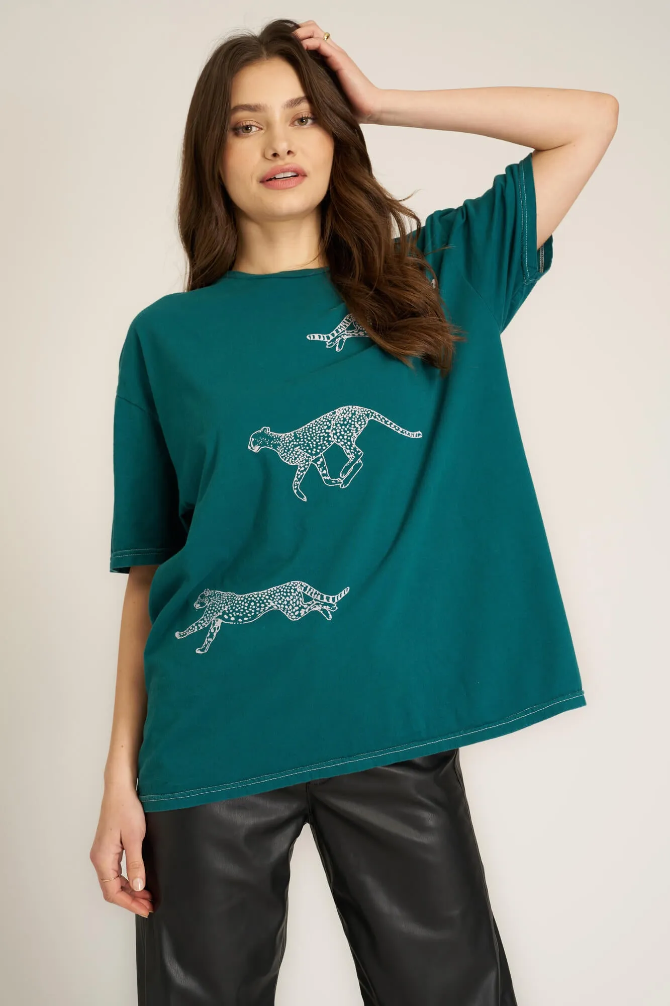 Pink Cheetahs Oversized Tee - Pacific Teal