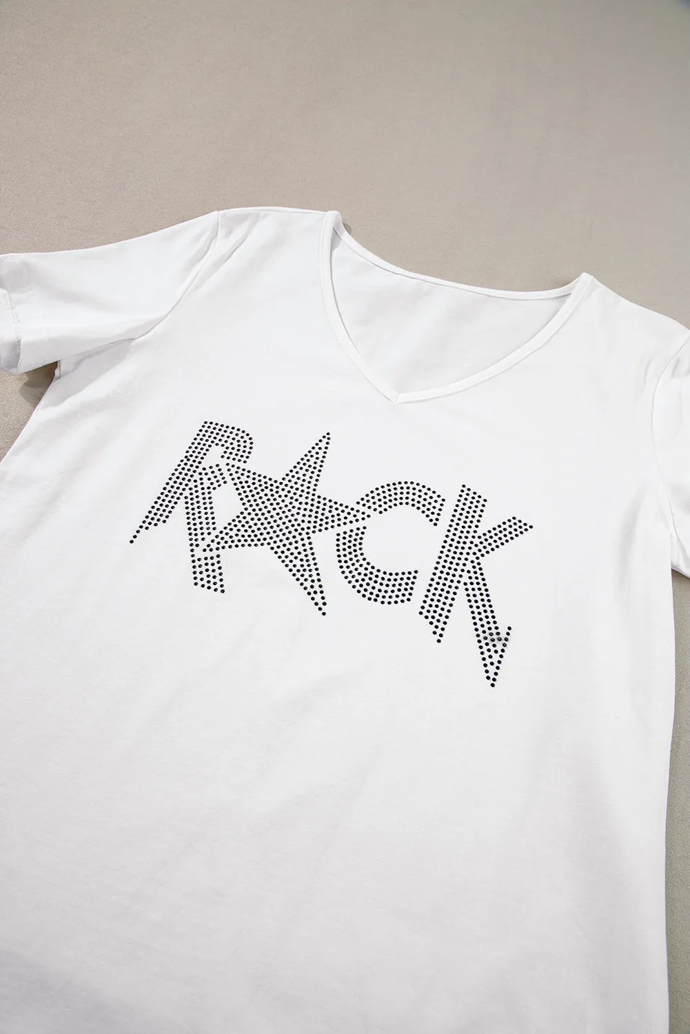 Rhinestoned ROCK Star Graphic V Neck T Shirt