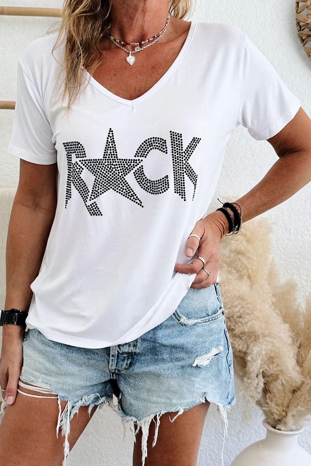 Rhinestoned ROCK Star Graphic V Neck T Shirt