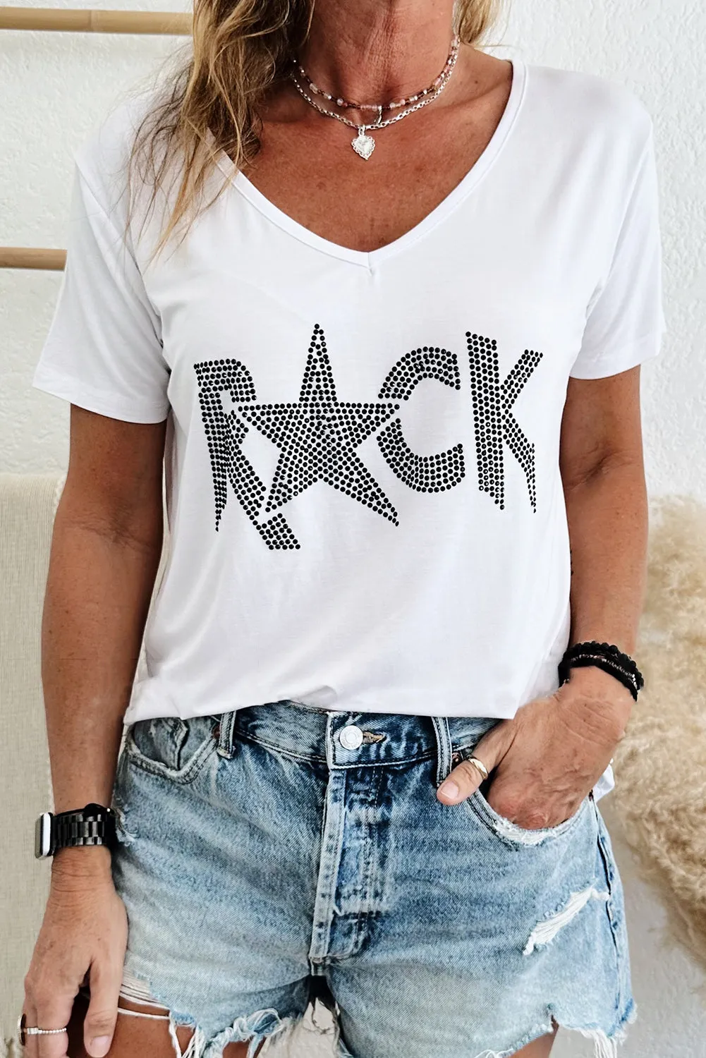 Rhinestoned ROCK Star Graphic V Neck T Shirt