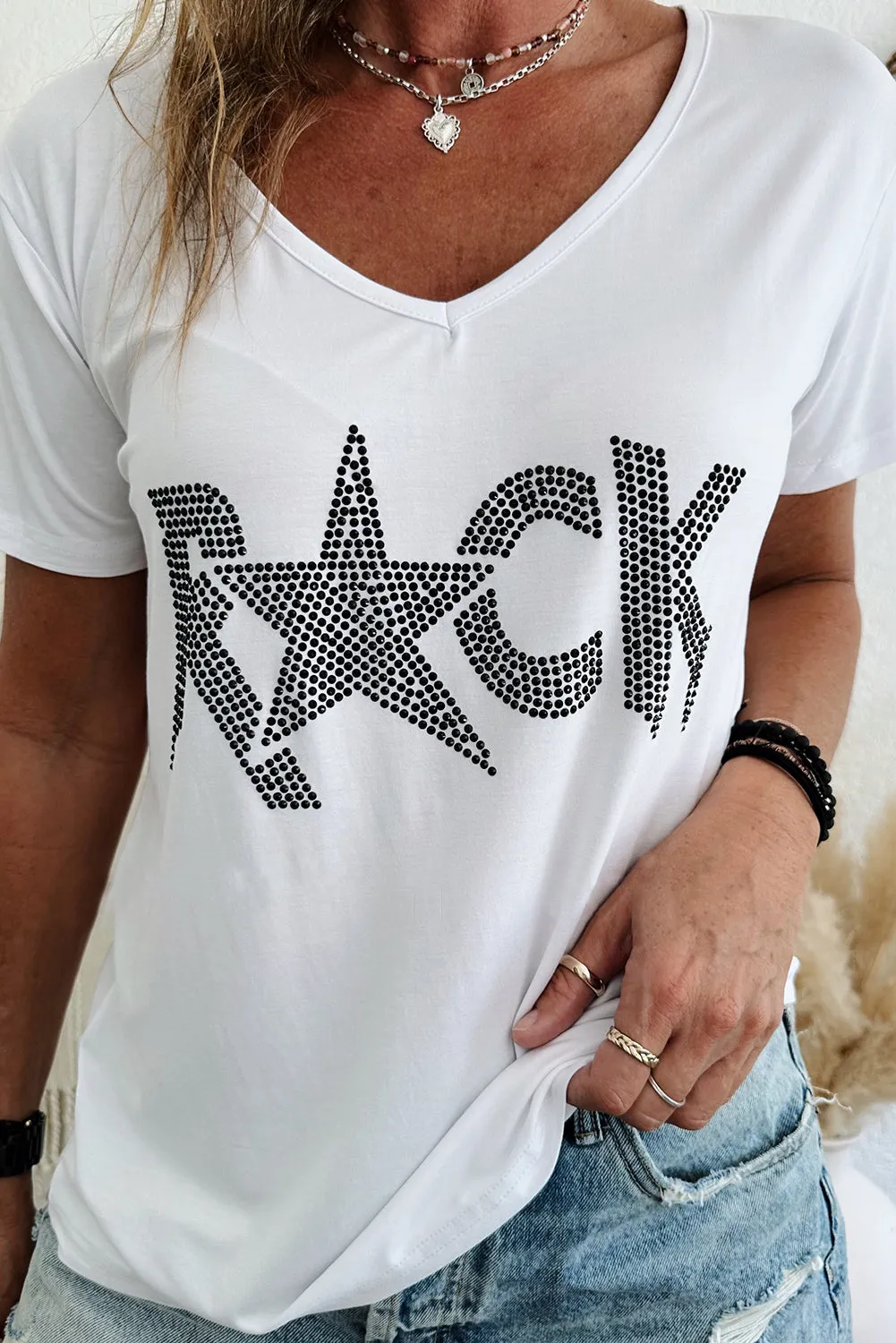 Rhinestoned ROCK Star Graphic V Neck T Shirt