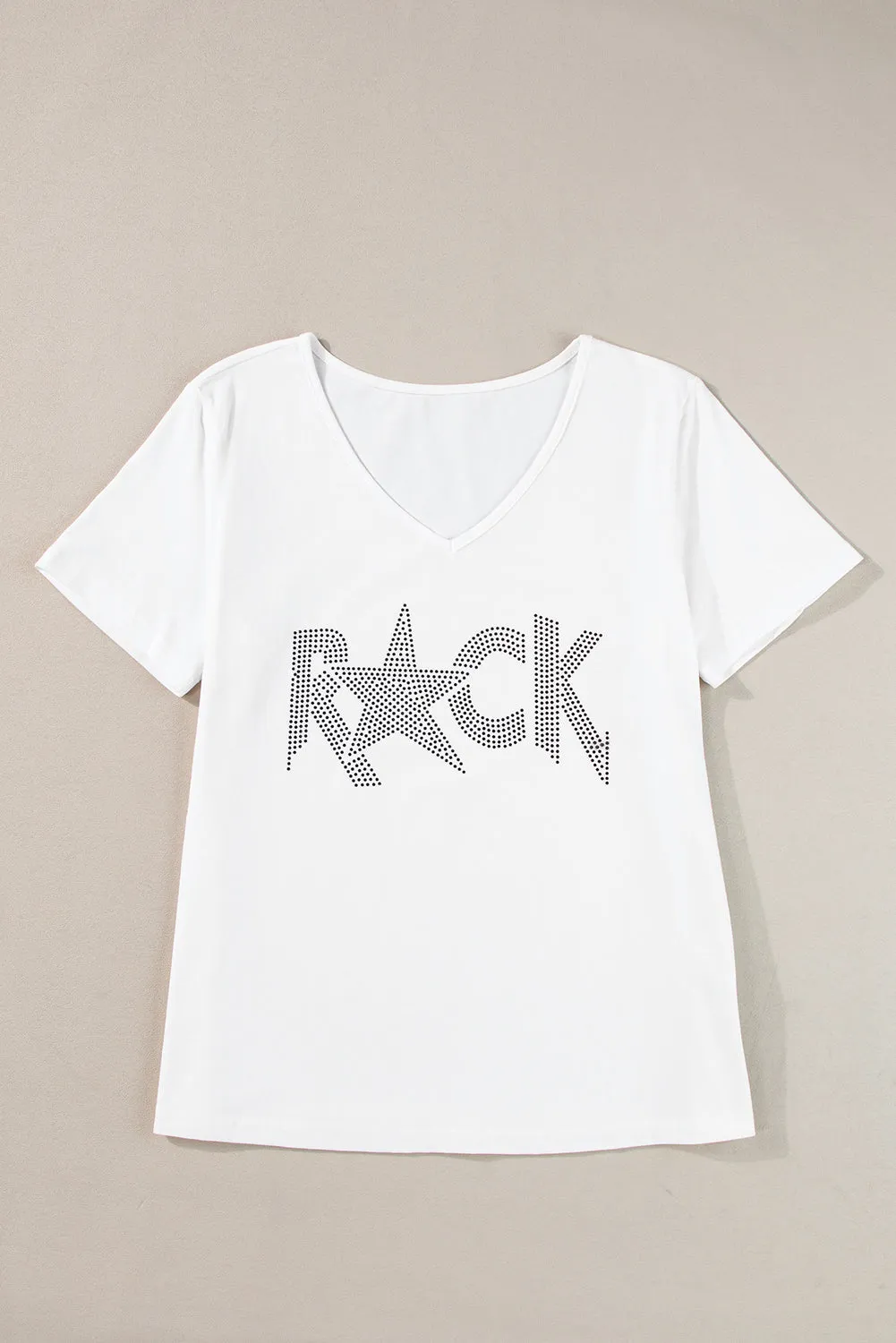 Rhinestoned ROCK Star Graphic V Neck T Shirt