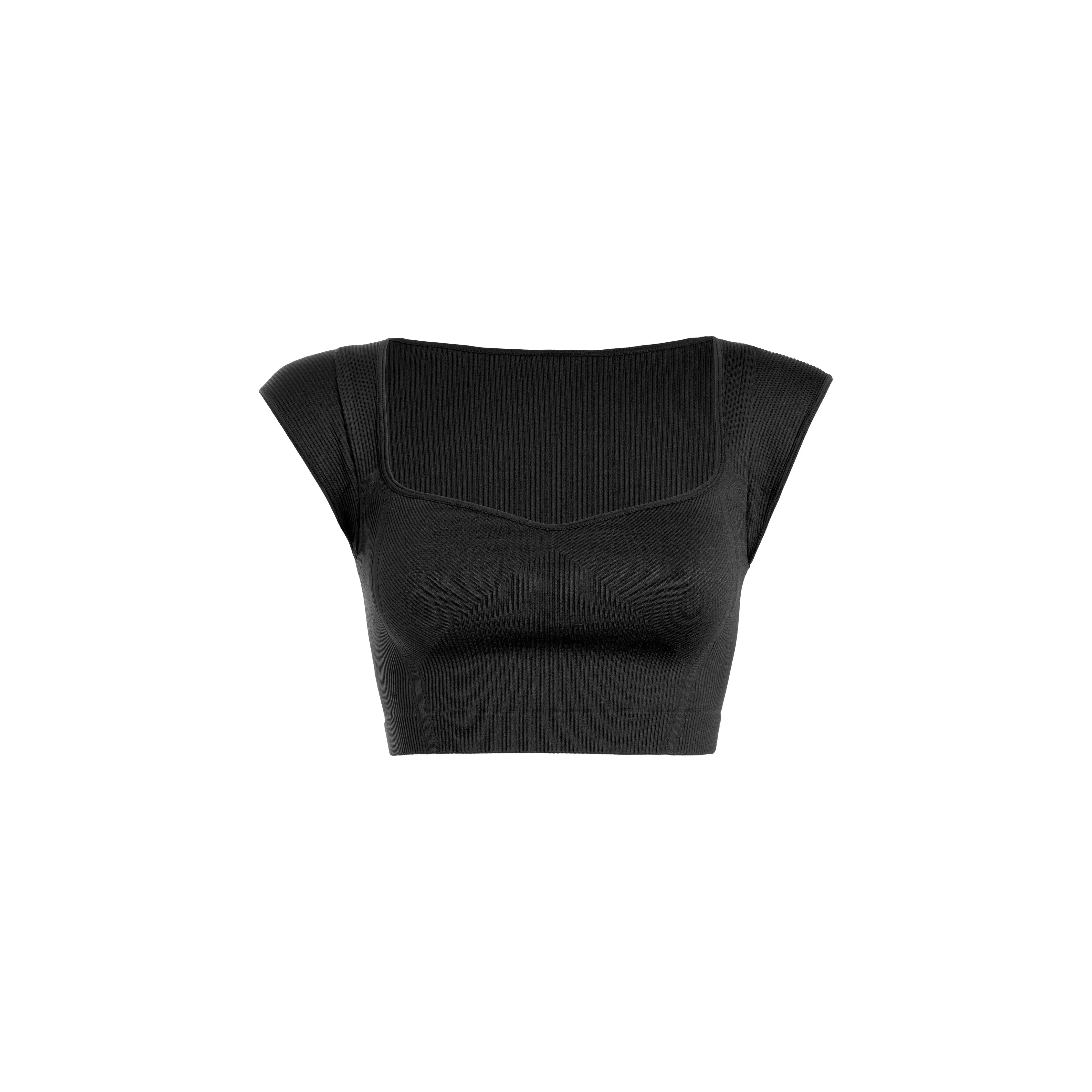 Ribbed Curved V-Neck Cap sleeve Top