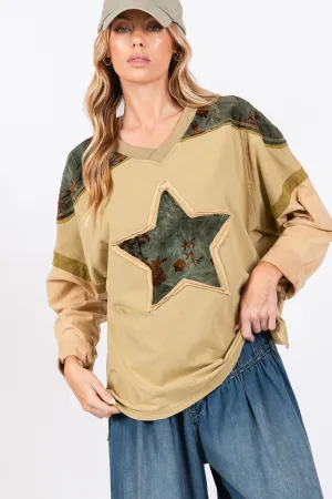 SAGE   FIG Star Patch Long Sleeve Color Block T-Shirt