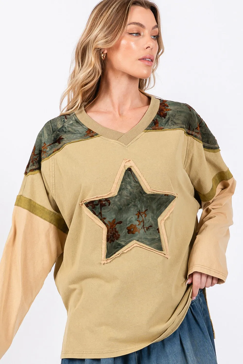 SAGE   FIG Star Patch Long Sleeve Color Block T-Shirt