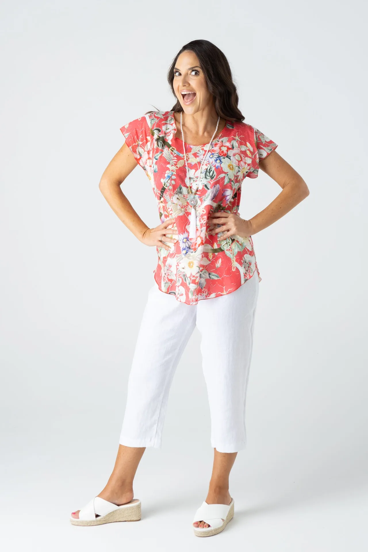 Sorbet Print Short Sleeve Non-Crush Jacquard Cotton Top