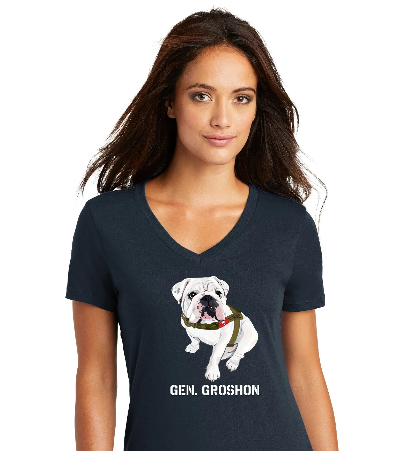 The Citadel Mascot Bulldog, Gen. Groshon AKA G3 Women’s V-Neck Tee Shirt