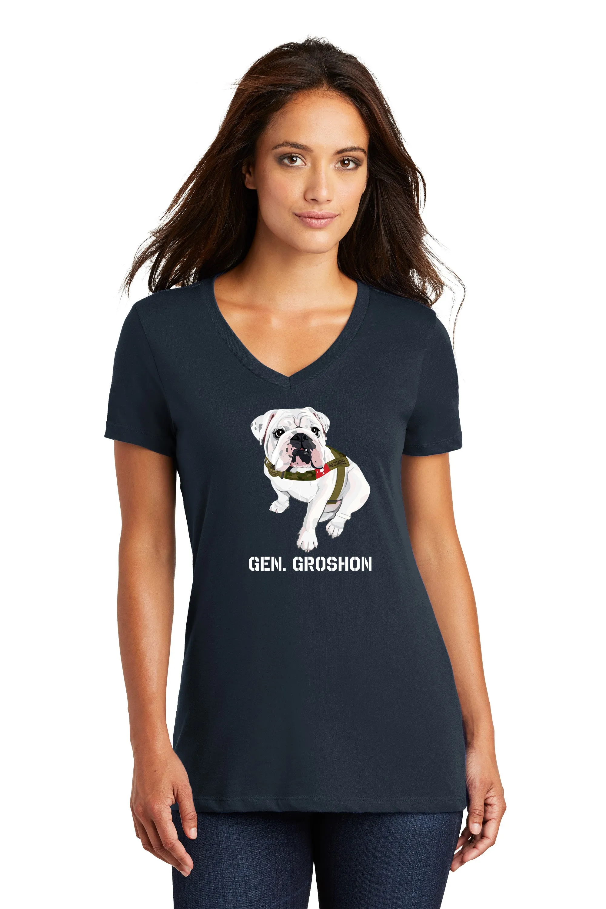 The Citadel Mascot Bulldog, Gen. Groshon AKA G3 Women’s V-Neck Tee Shirt