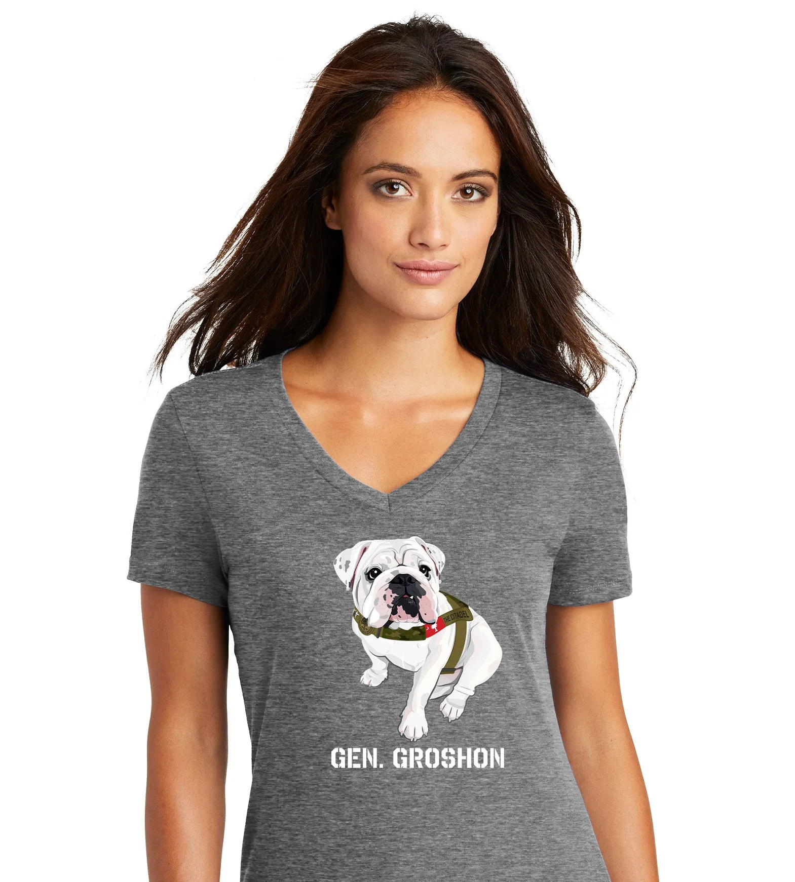 The Citadel Mascot Bulldog, Gen. Groshon AKA G3 Women’s V-Neck Tee Shirt