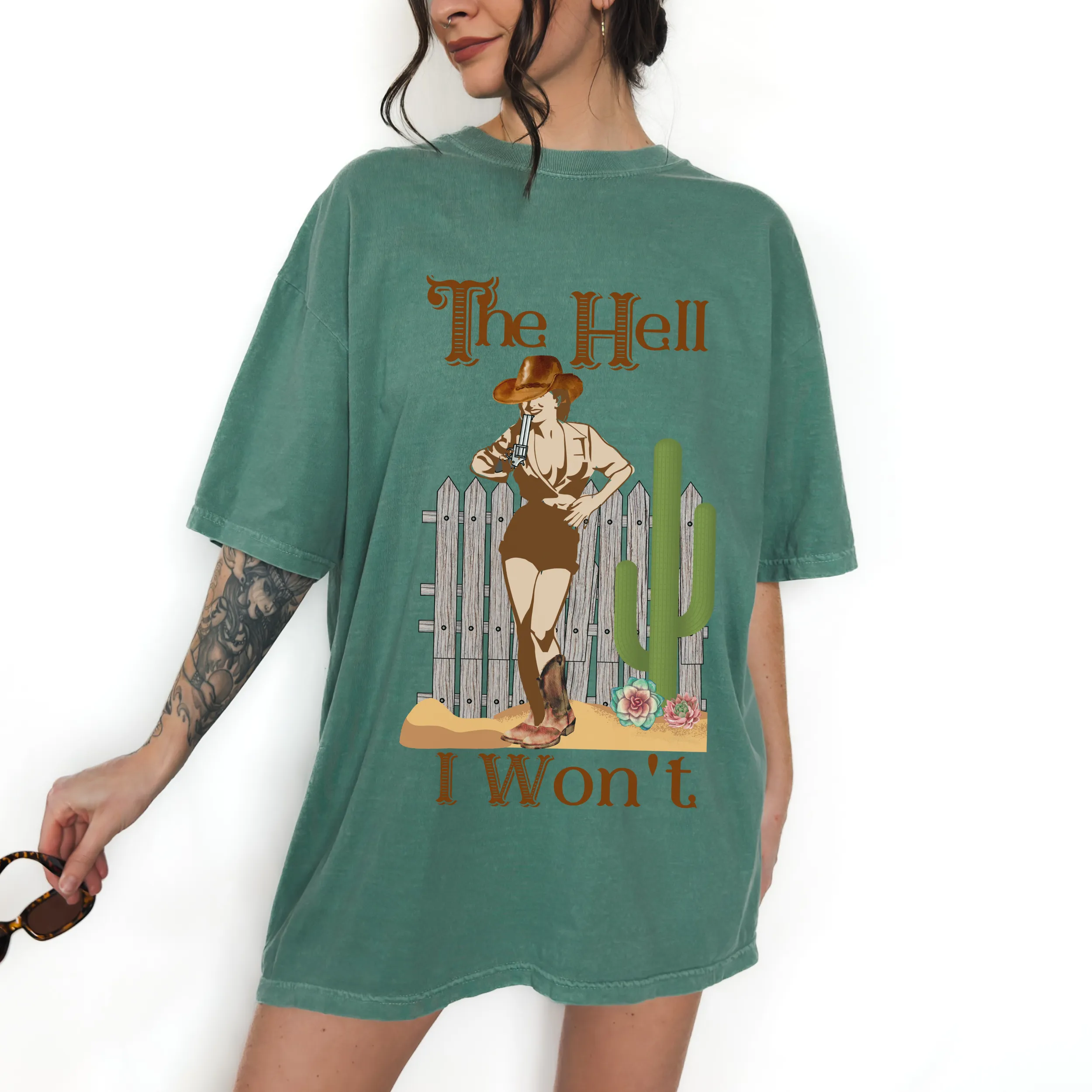 The Hell I Won't Comfort Colors® T-Shirt, T-Shirt Dress, Retro Cowgirl and Gun Graphic Design Tee, Oversized print, Western T-Shirt