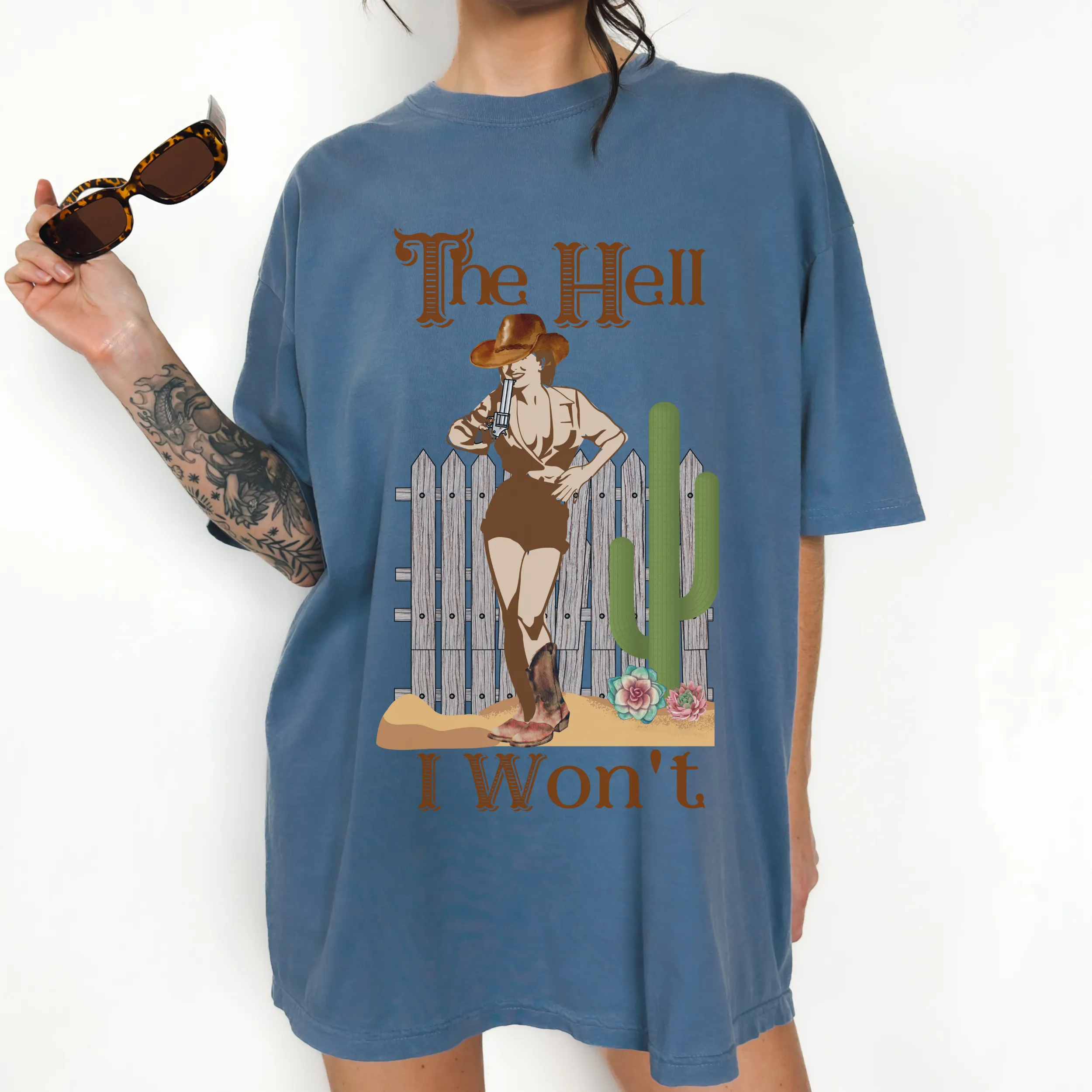 The Hell I Won't Comfort Colors® T-Shirt, T-Shirt Dress, Retro Cowgirl and Gun Graphic Design Tee, Oversized print, Western T-Shirt