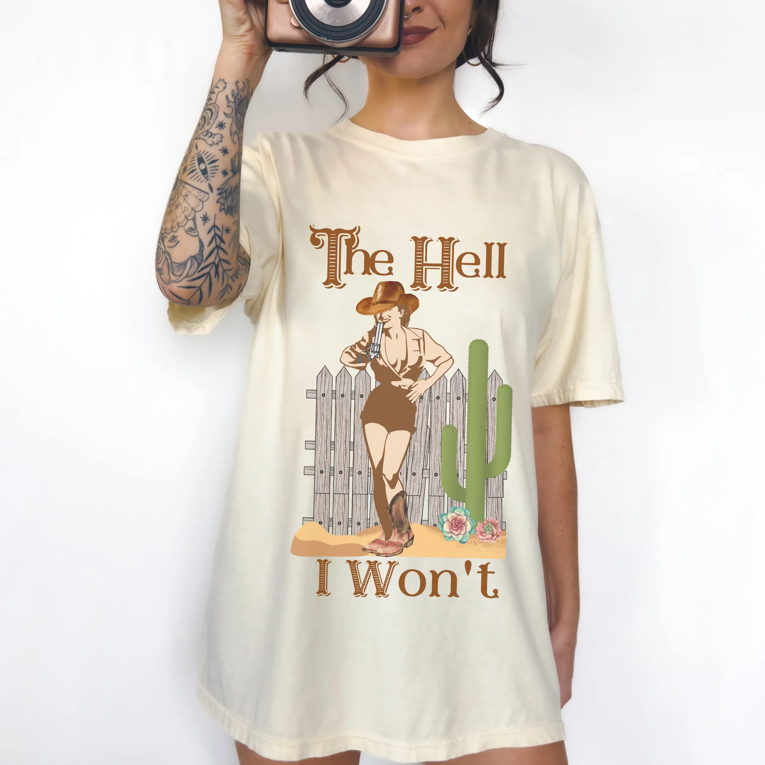 The Hell I Won't Comfort Colors® T-Shirt, T-Shirt Dress, Retro Cowgirl and Gun Graphic Design Tee, Oversized print, Western T-Shirt